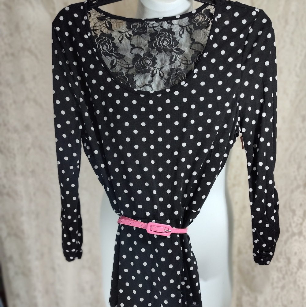 Cato Black and White Polka Dot With Lace And Pink Belt
